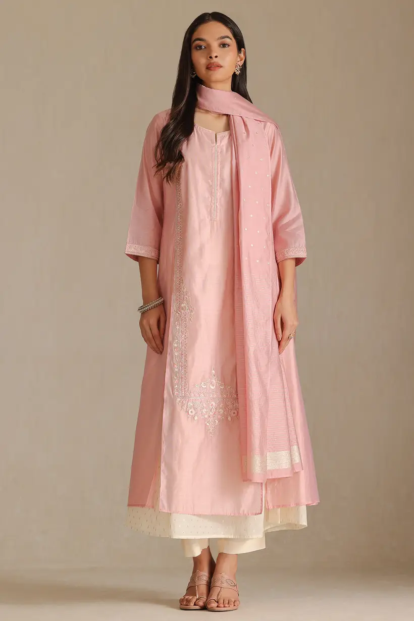Pink Chanderi Embroidered Suit Set With Zari